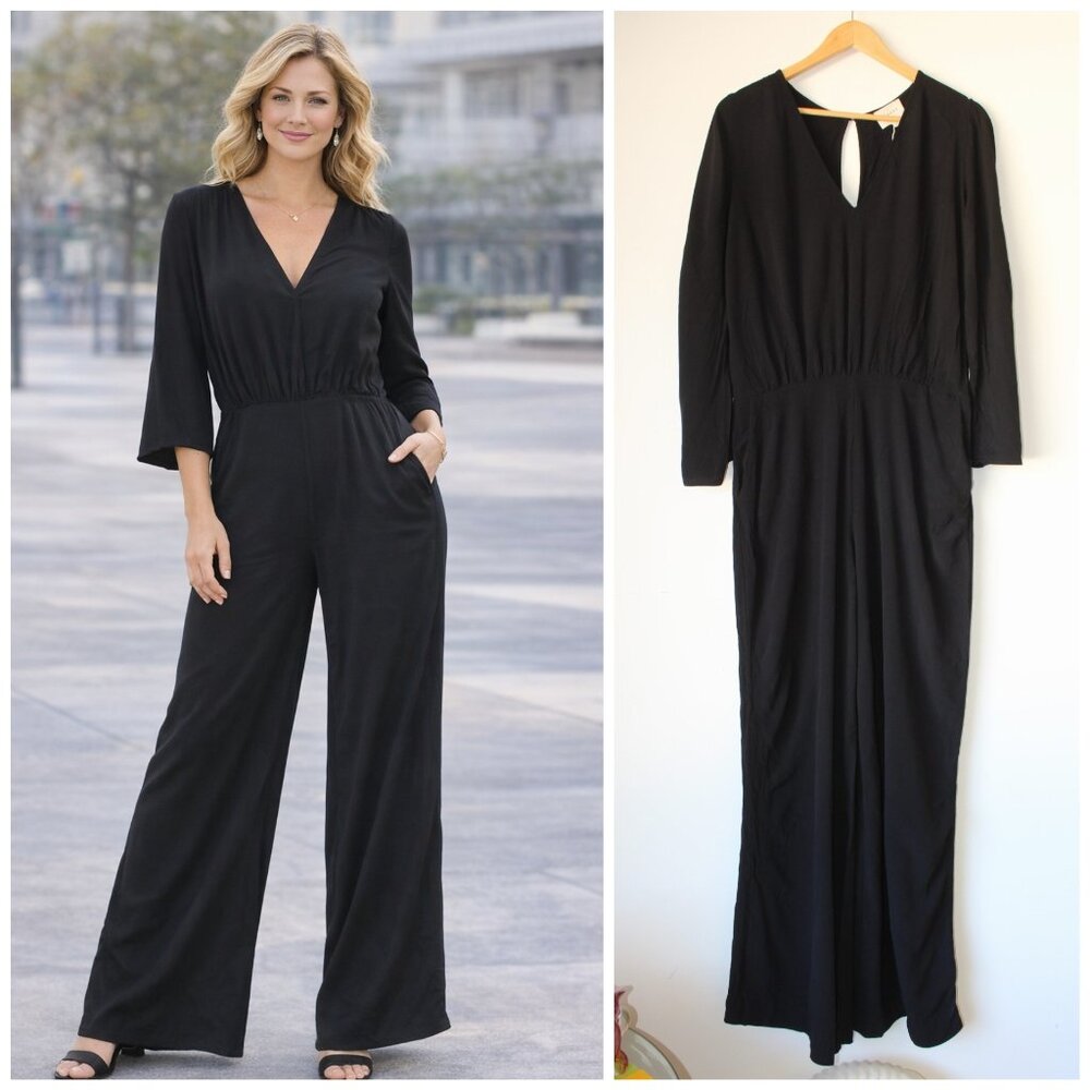 Sezane Black Wide Leg Jumpsuit Size 44/L US Pockets V neck Old Money Chic preppy